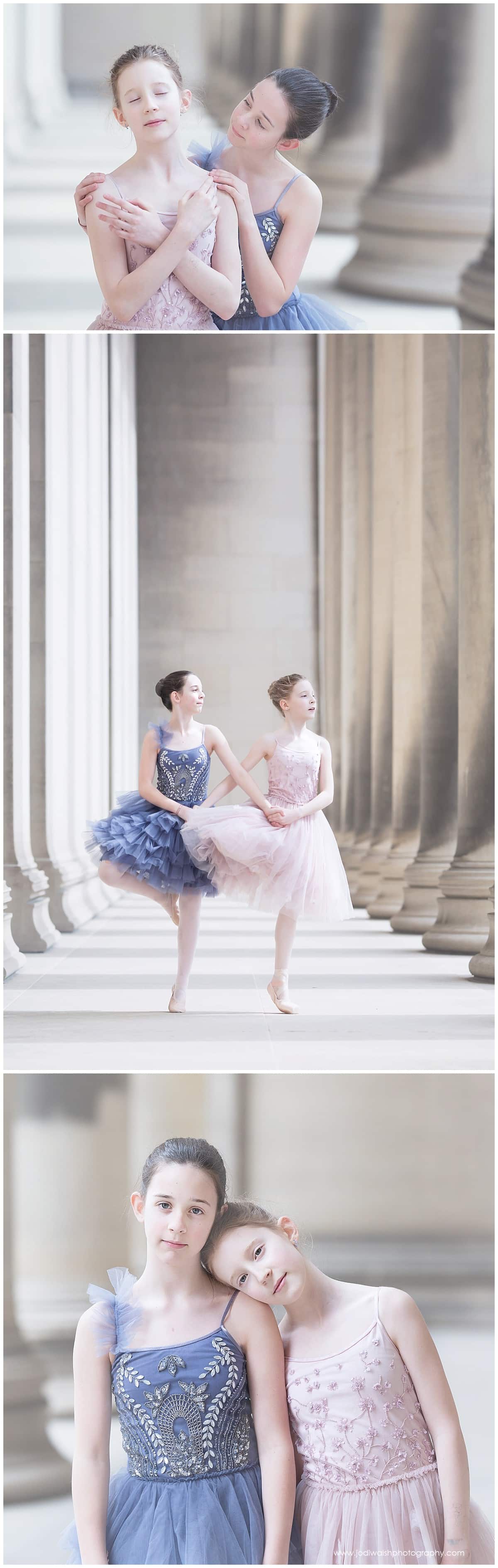 Images from creative dance portraits with Jodi Walsh Photography. this collage of images show two tween ballerinas in tutu dresses dancing in stone hallway in Pittsburgh