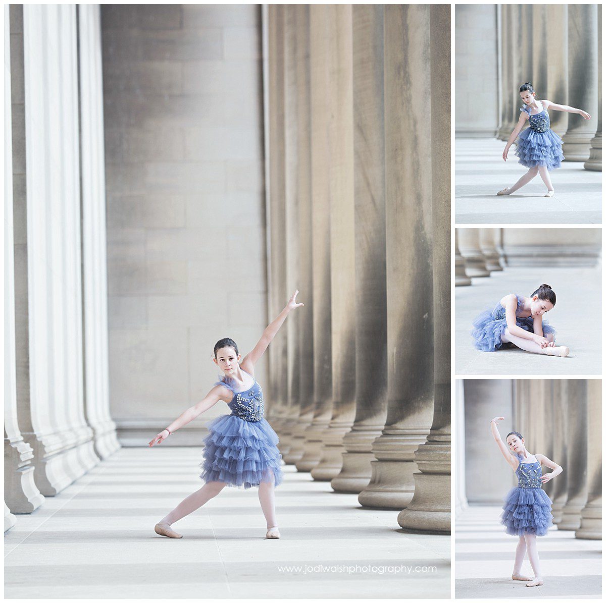 Images from creative dance portraits with Jodi Walsh Photography. this collage of images show a tween ballerina in blue dress dancing in stone hallway in Pittsburgh