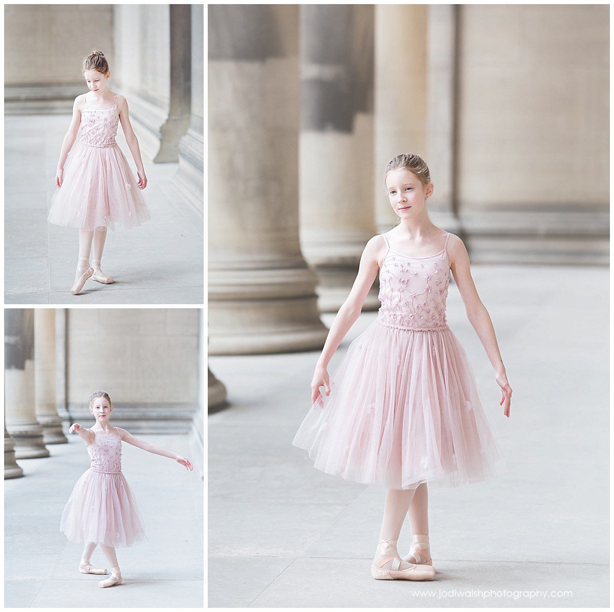 Images from creative dance portraits with Jodi Walsh Photography. this collage of images show a tween ballerina in pink dress dancing in stone hallway in Pittsburgh