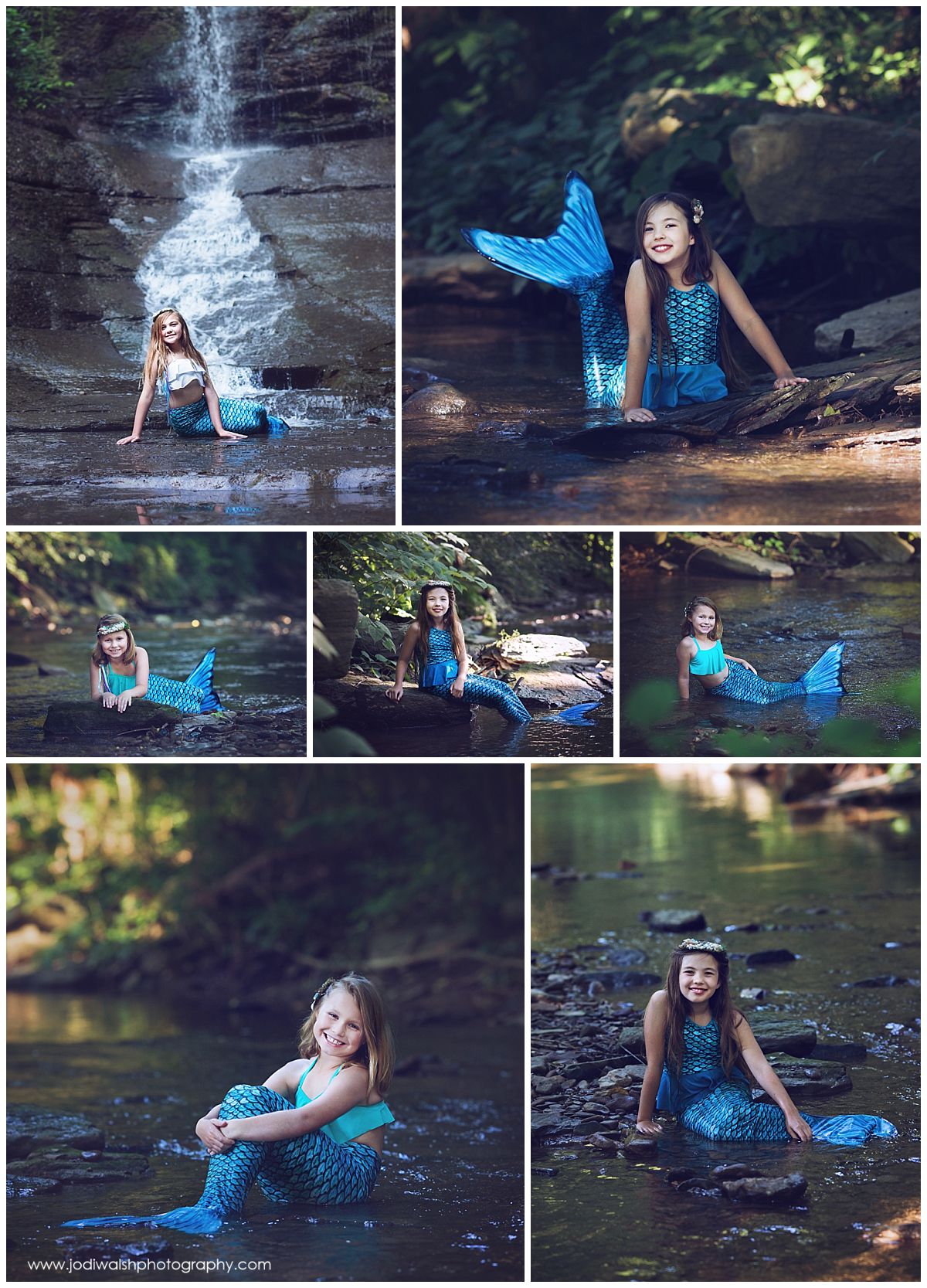 collage of images of several girls wearing a blue mermaid tails while sitting or laying in a shallow creek