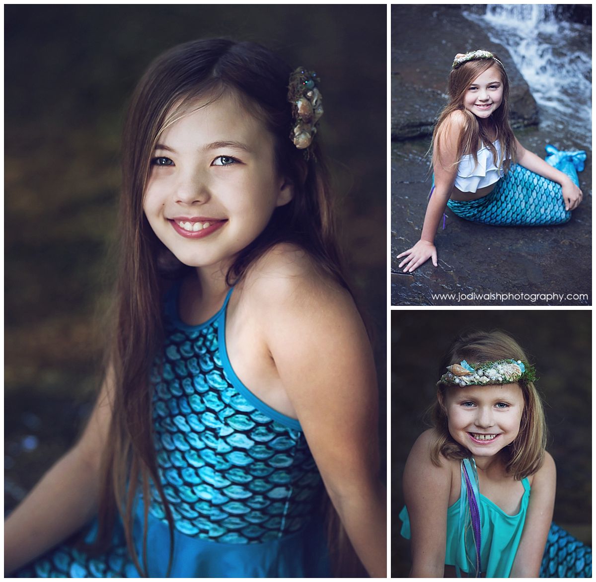 collage of images of three girls smiling and sitting by shallow creek