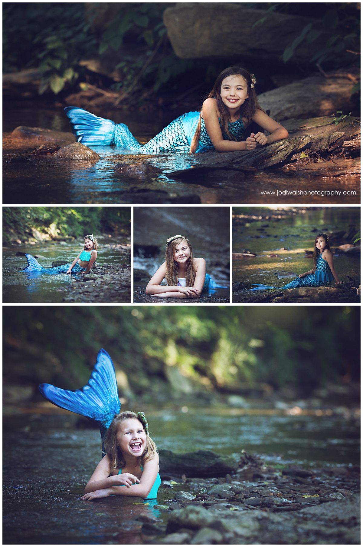 collage of images of young girls wearing a blue mermaid tail, laying in a shallow creek