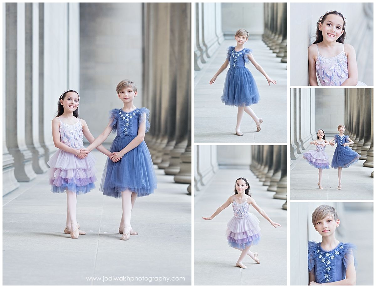collage of several images of young dancers wearing tulle dresses and dancing in a hallway lined with stone columns