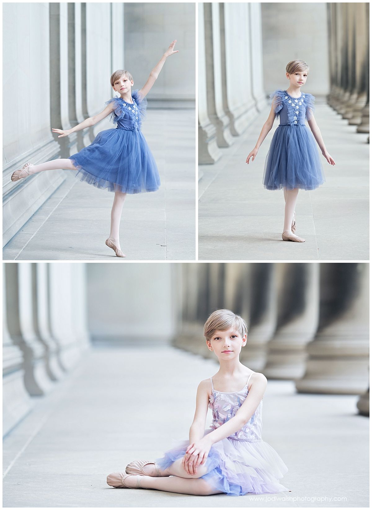 image of a young girl with short blonde hair, wearing a blue tulle dress in a long hallway with columns