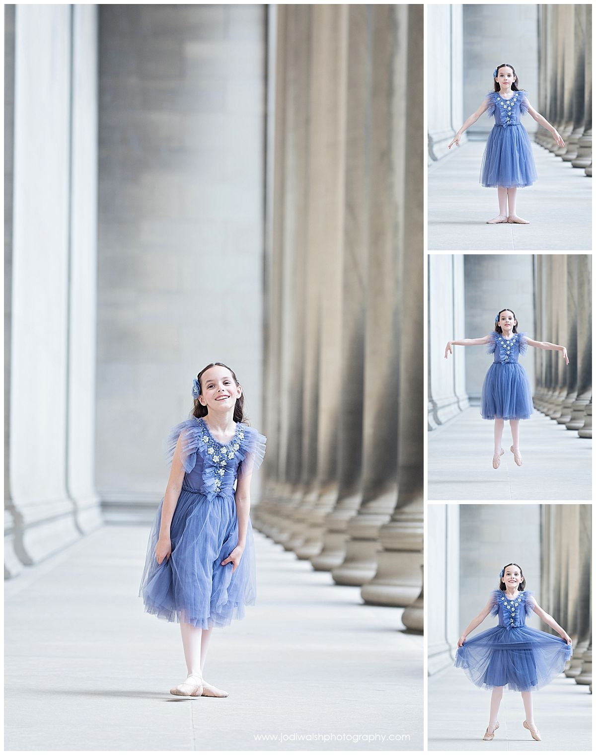collage of images of a young dancer with dark hair, wearing a blue tulle dress, standing in a long hallway with stone columns