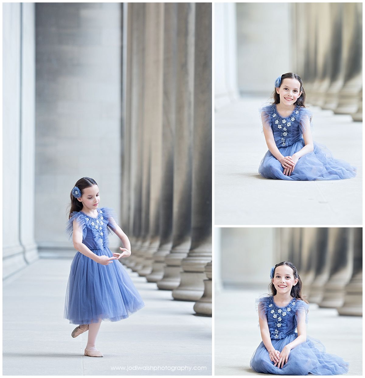collage of images of a young girl with long dark hair, wearing a blue tulle dress, in a long hallway with stone columns