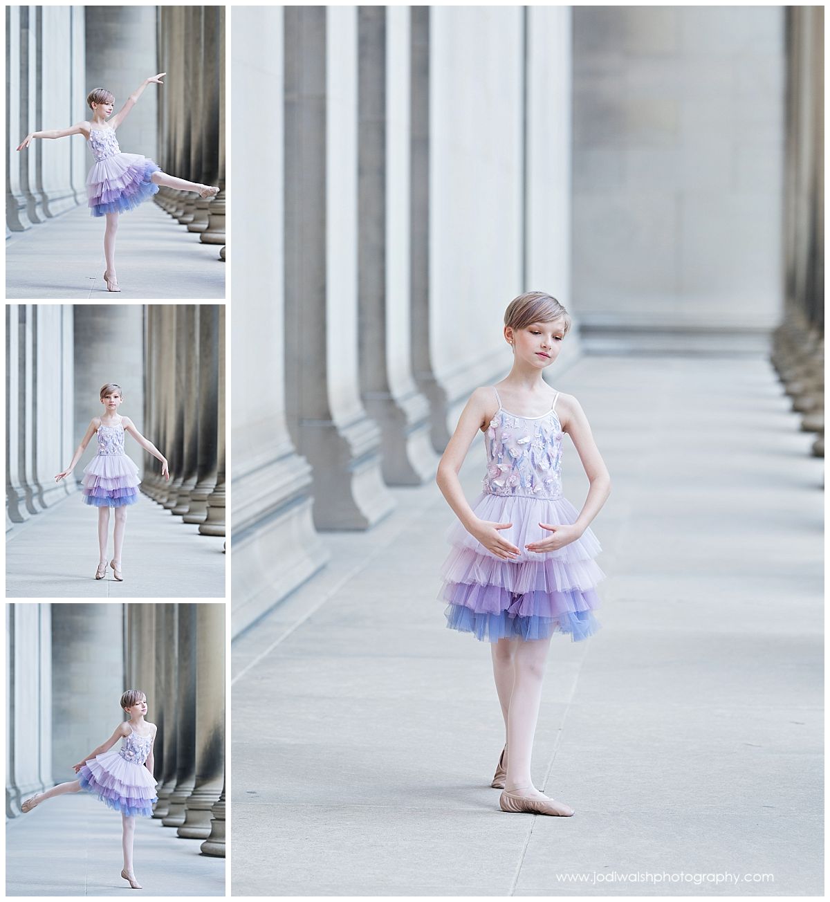 collage of images of a young girl with short blonde hair, wearing a pink and violet tulle dress, posed in a long hallway with stone columns