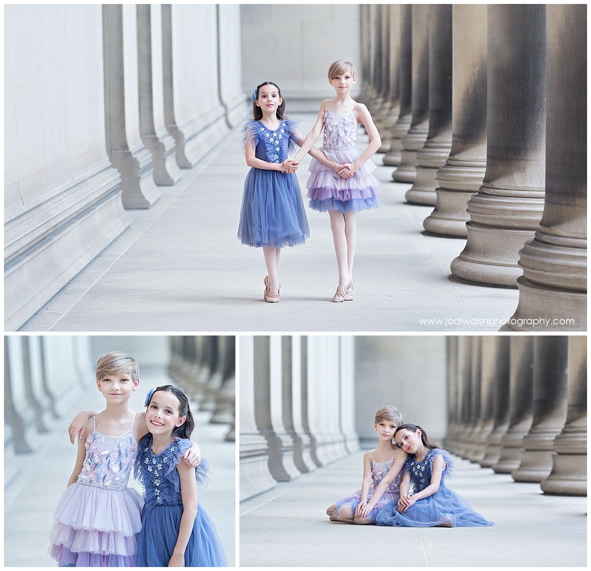 collage of images of two young girls, wearing pink and blue tulle dresses, dancing in a long hallway with stone columns, smiling with arms around each other's shoulders, sitting with heads resting on each other's shoulders