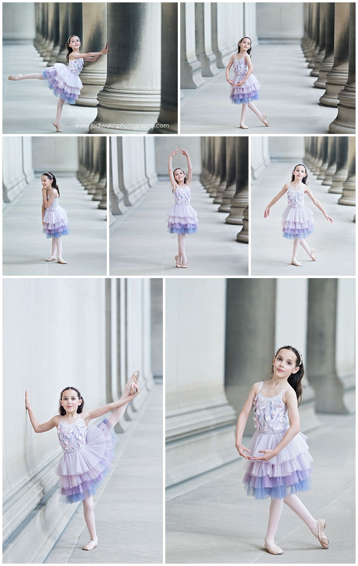 collage of images of a young girl with long dark hair, wearing a pink and violet tulle dress, dancing in a long hallway with stone columns