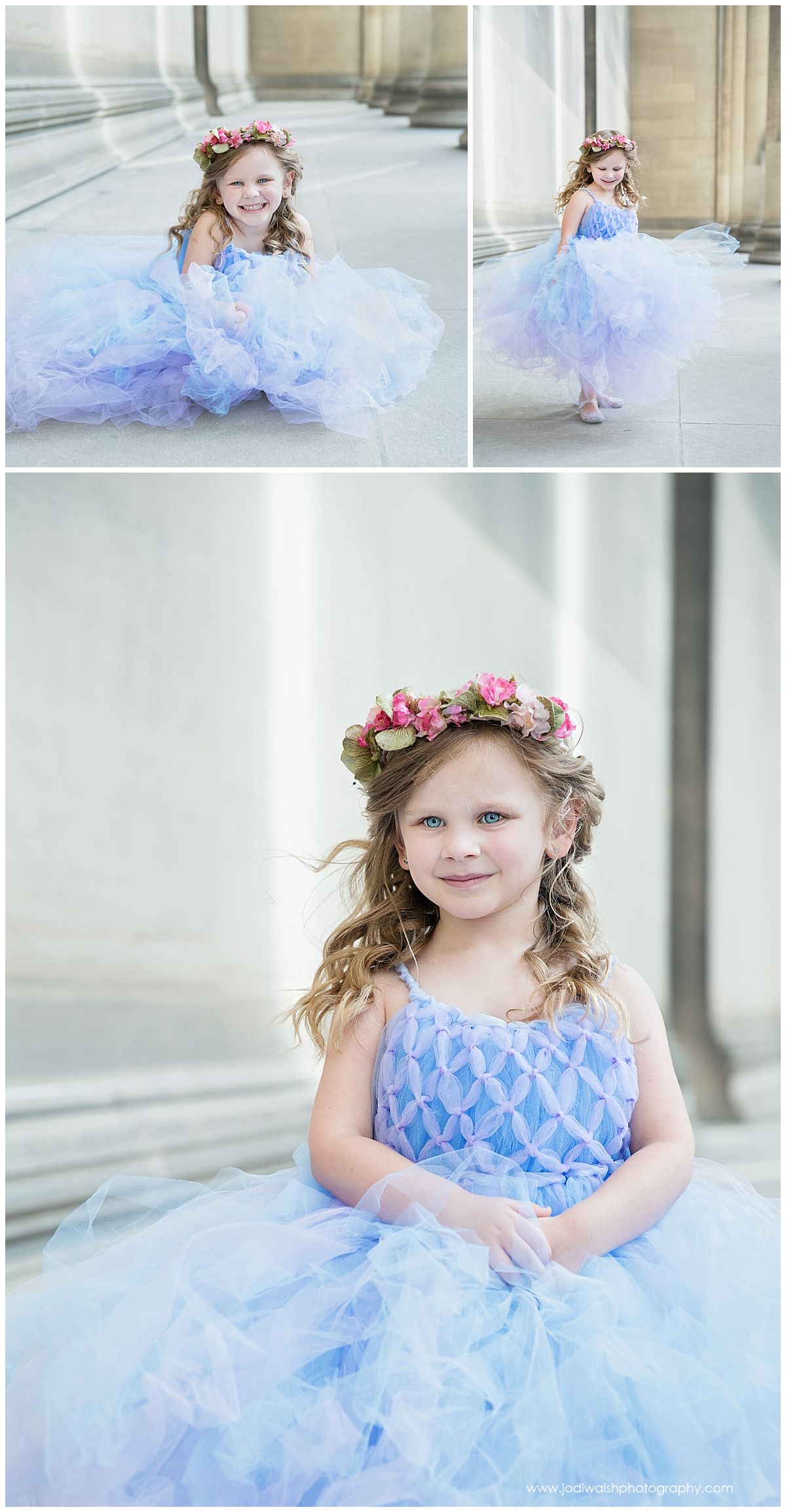 child portraits of little girl wearing blue princess dress and flower crown at Mellon columns