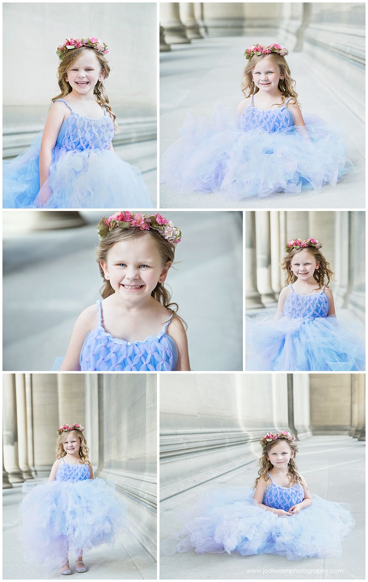 child portraits of little girl wearing blue princess dress and flower crown at Mellon columns