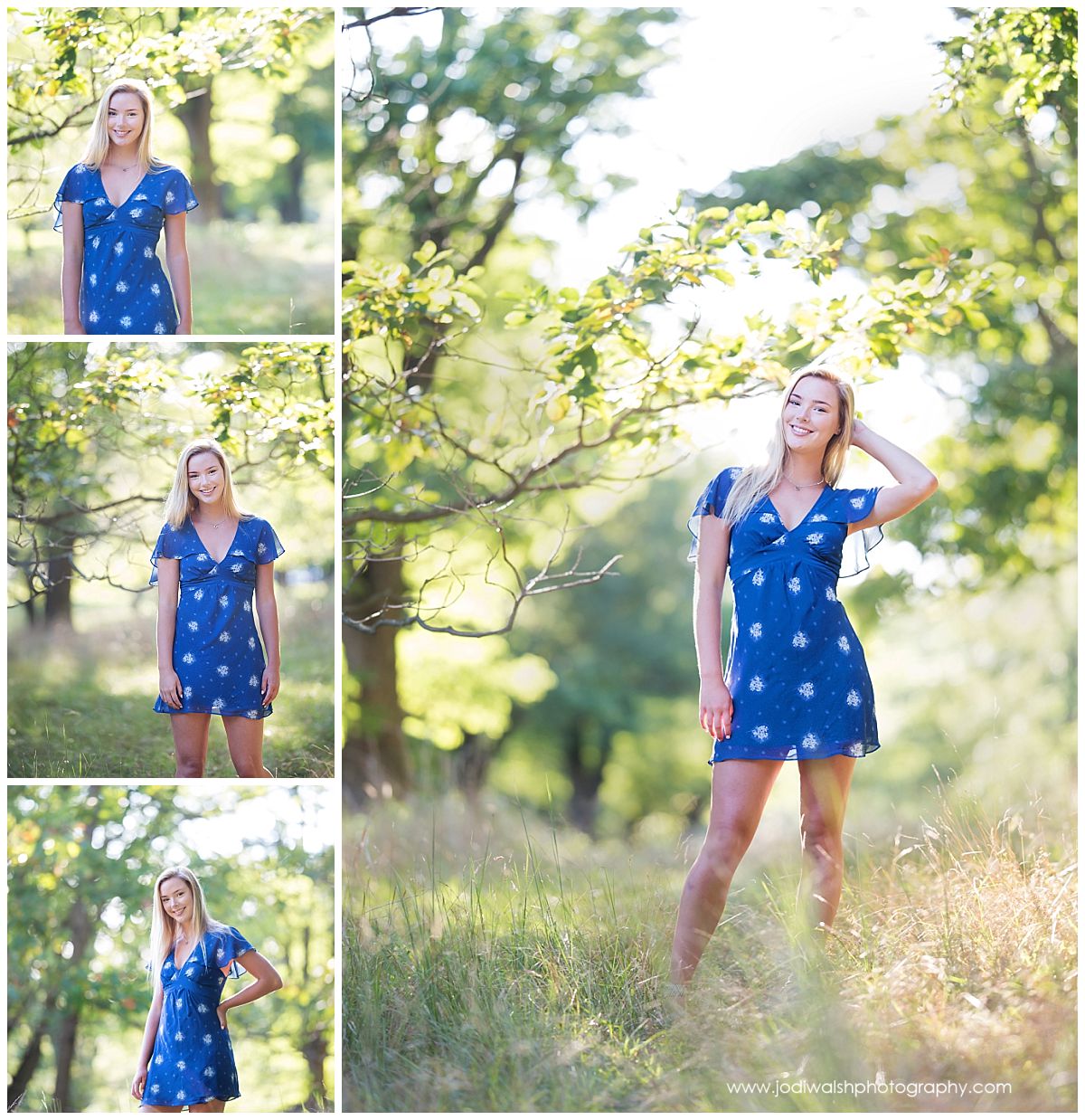 images of a senior girl portrait session with Jodi Walsh Photography at North Park in Pittsburgh. The senior girl is wearing a short blue dress with white flowers and is standing in an area of tall grass.