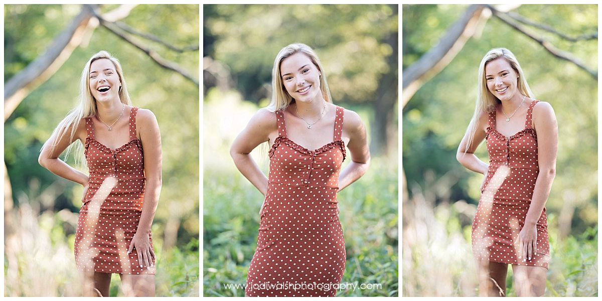 Series of smiling portraits from an Avonworth senior session. She's wearing a rust colored polka dot dress and standing in some tall grasses.