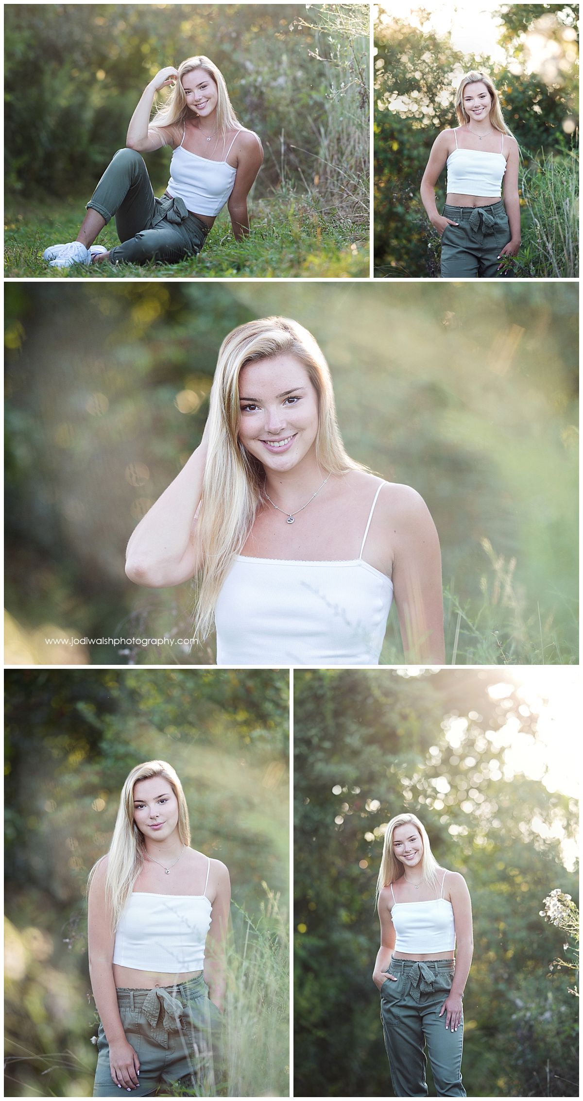 A senior portrait collage of images from North Park in Pittsburgh. Senior girl is blond and wearing a white tank top and green cargo pants. She's smiling at the camera.