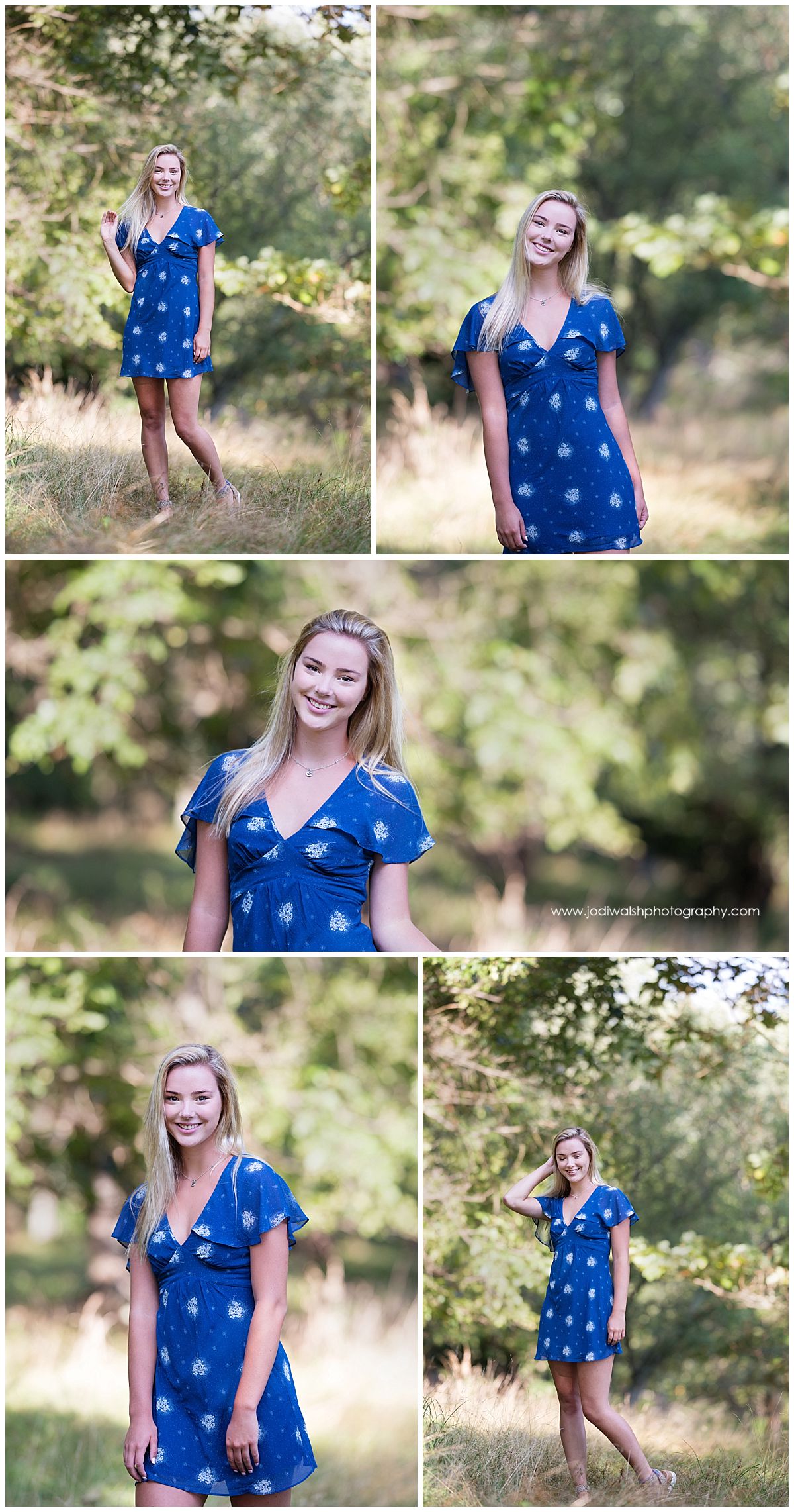 collage of images from a senior portrait session with Jodi Walsh Photography. The senior girl is blonde and wearing a blue dress with white flowers on it. She's standing in a wooded area in North Park.