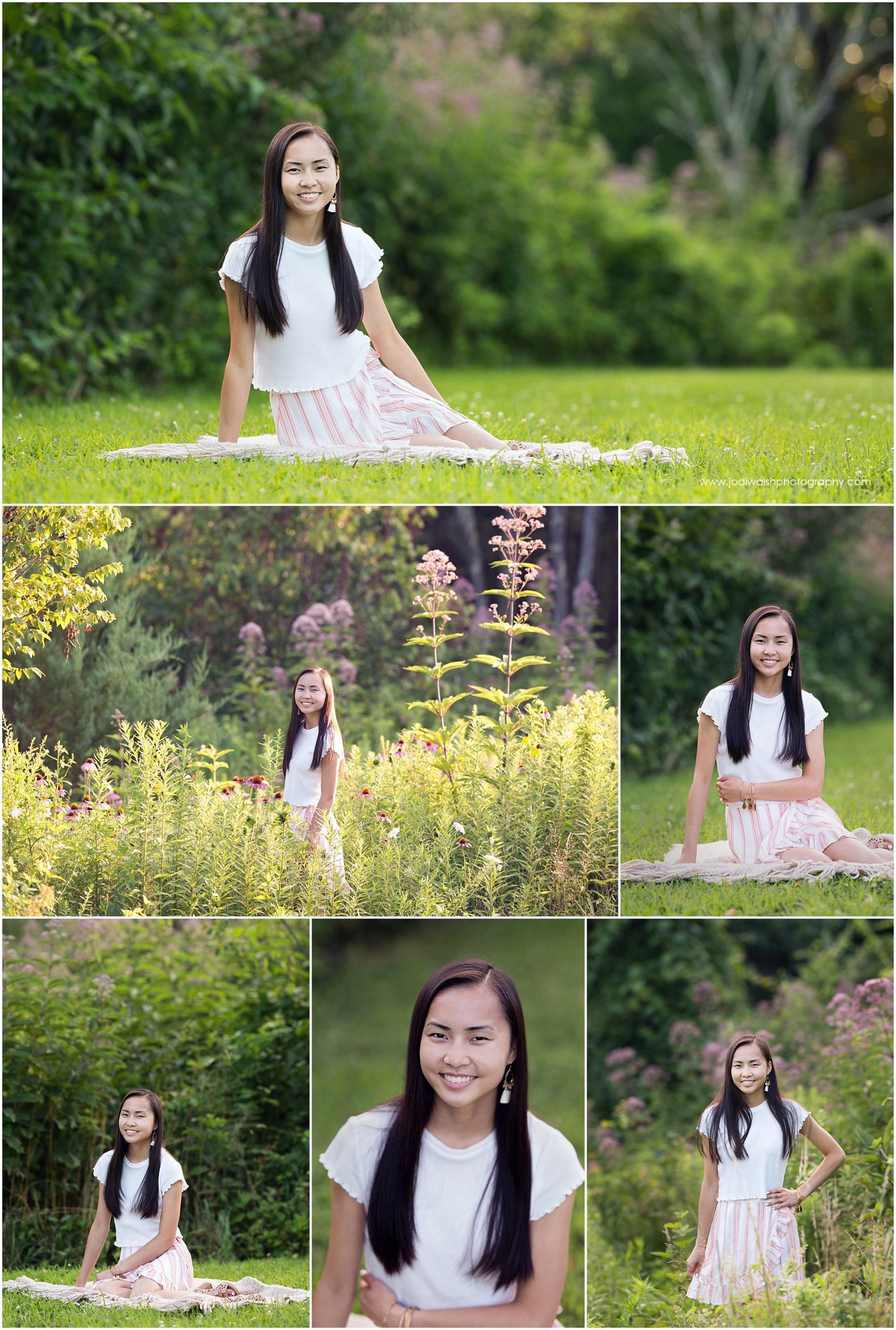 Collage of images of a senior portrait session. Senior girl is wearing a white top and pink striped skirt. She's in a park in the North Hills with tall glasses and wildflowers.