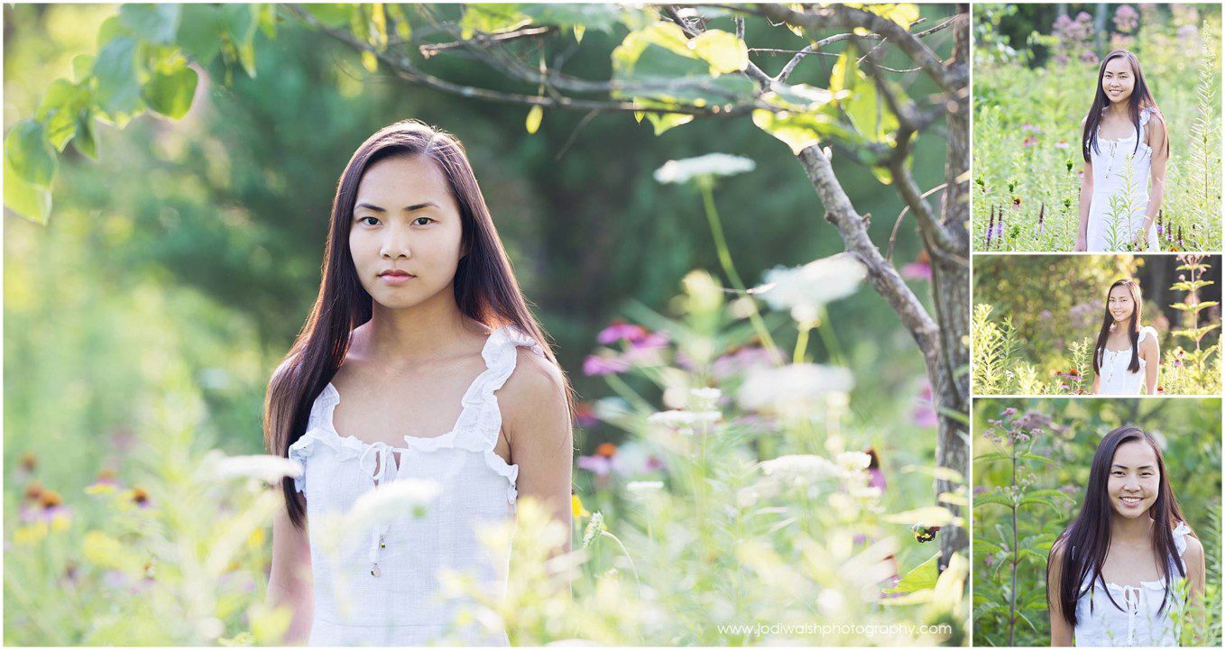 Senior portrait collage of images. Senior girl is wearing a white top standing in a field of tall grasses and coneflowers in a North Hills Park.