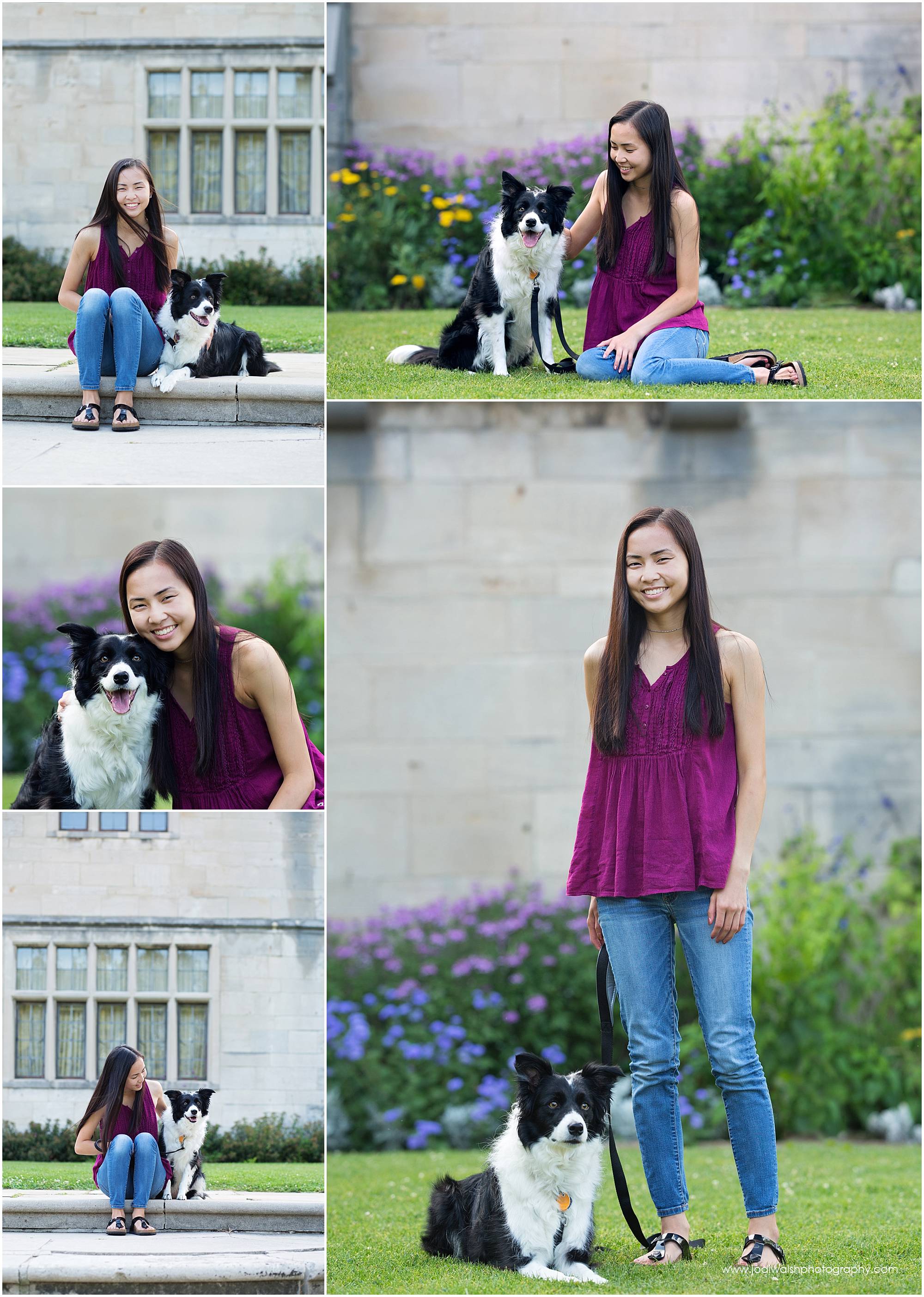 A collection of portraits of a senior girl with her dog by Jodi Walsh Photography. She's sitting in the gardens at Hartwood Acres with her dog.