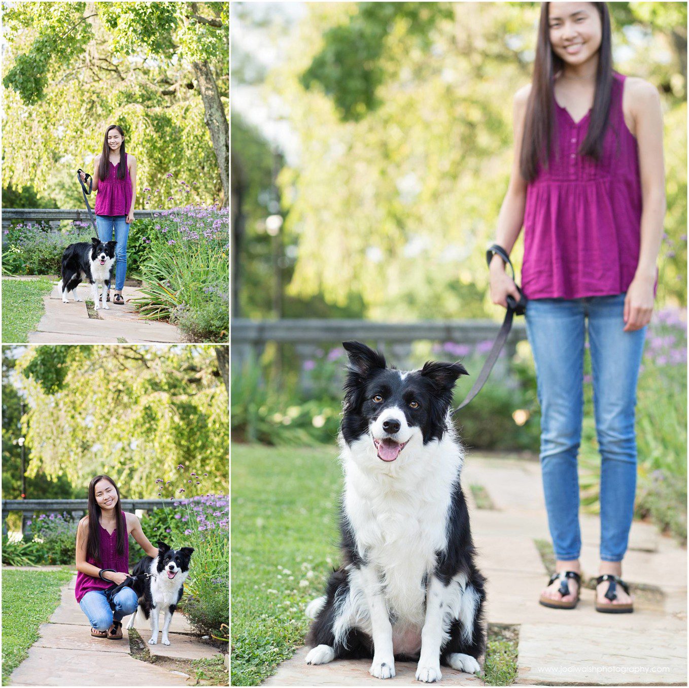 Collage of images of a senior girl with her black and white shepherd dog in the gardens at Hartwood Acres, Pittsburgh.