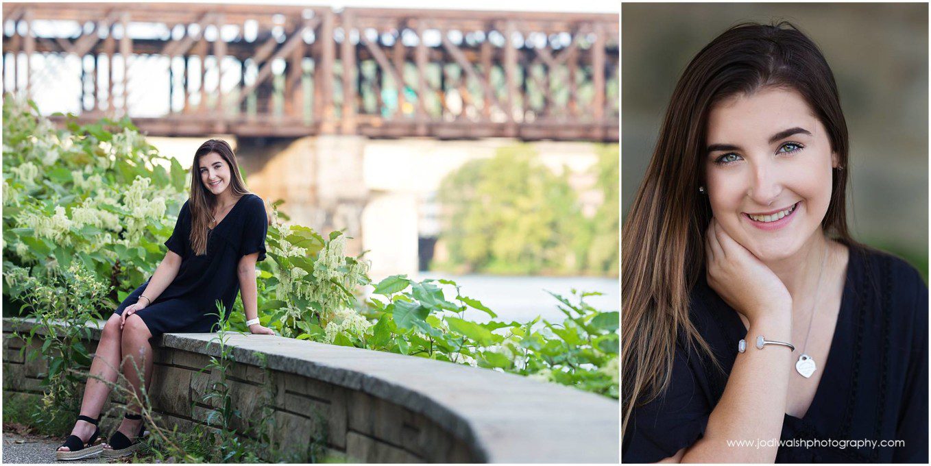 images of a senior girl portrait session along Pittsburgh's North Shore Trail. She has long dark hair and is wearing a black dress.