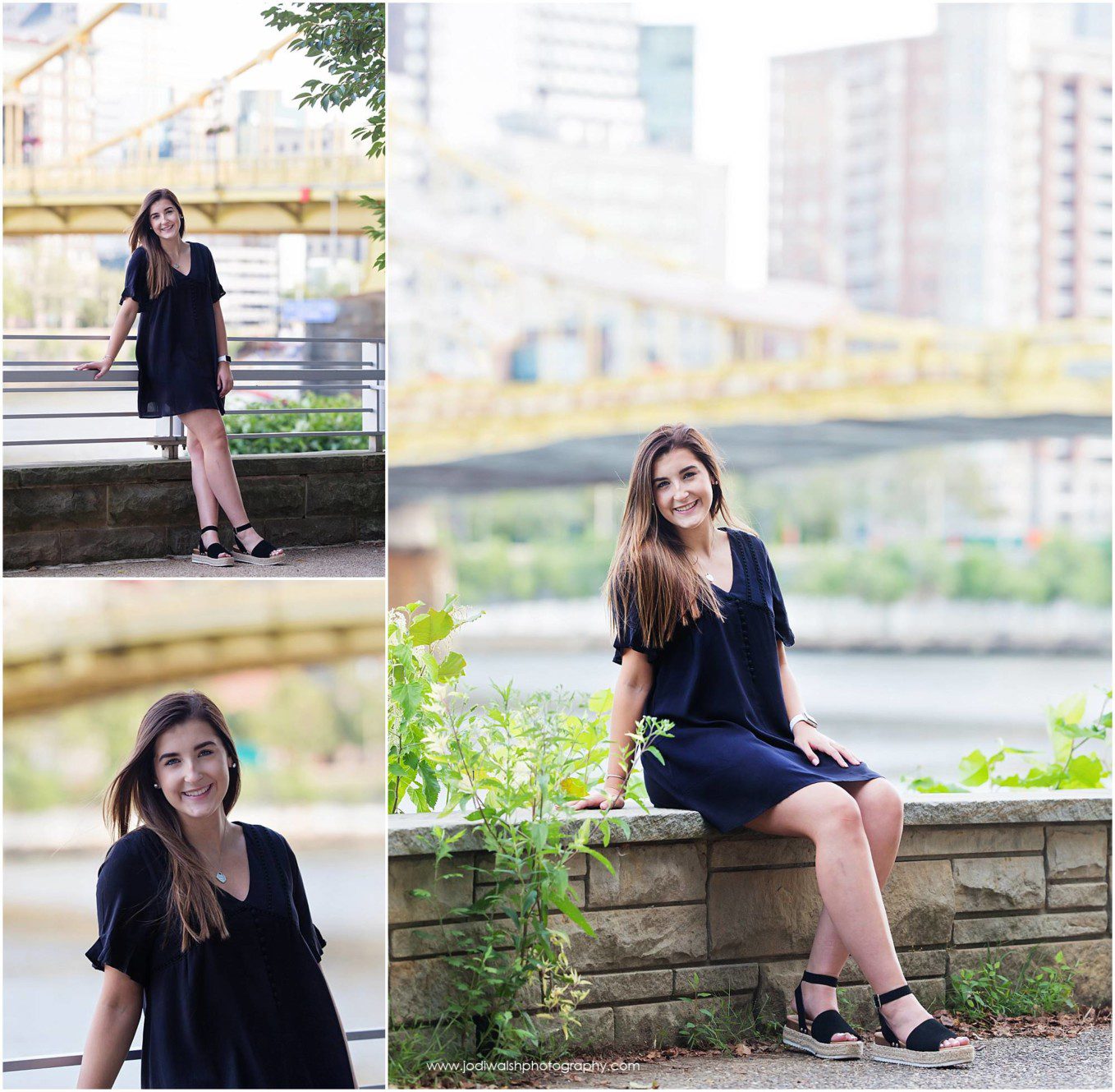 collage of images from a senior session along Pittsburgh's North Shore Trail. The senior girl is sitting on a stone wall with the bridges behind her.