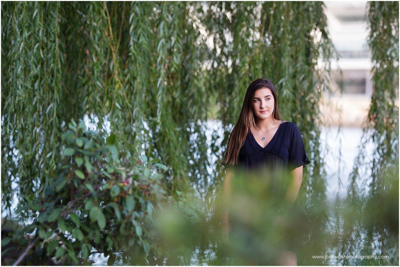 image of a senior girl standing with the branches of a willow hanging around her. She's wearing a black dress and is looking thoughtfully off to the right.