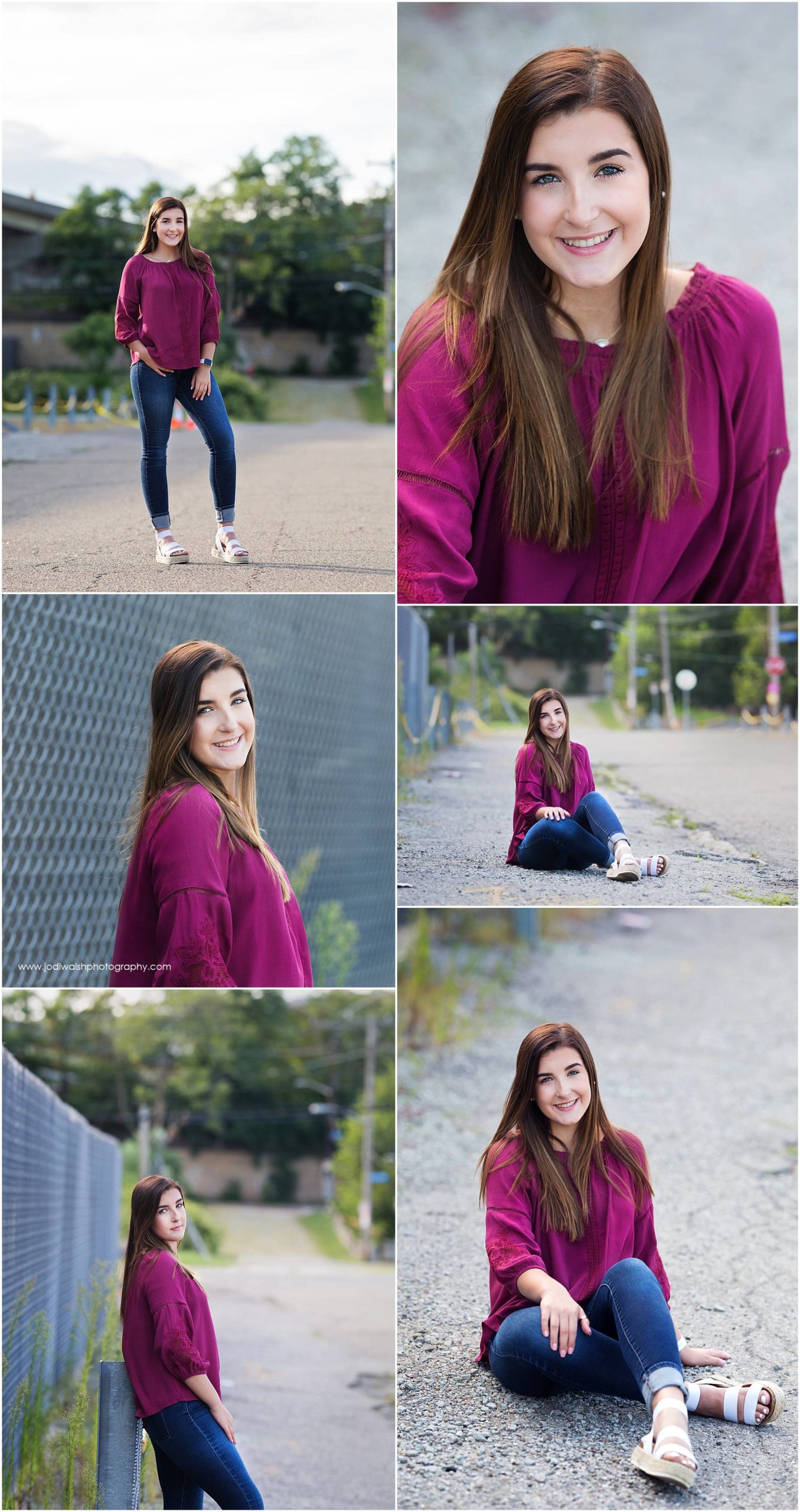collage of senior portrait image by Jodi Walsh Photography. Images show a senior girl in a magenta top and blue jeans in an alleyway on the North Side of Pittsburgh.