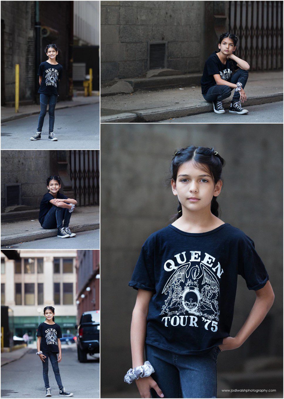 rocker tween in Queen t-shirt, Pittsburgh alley