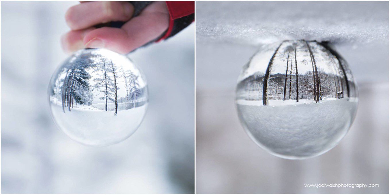 snow day photos with glass lensball showing snow covered trees