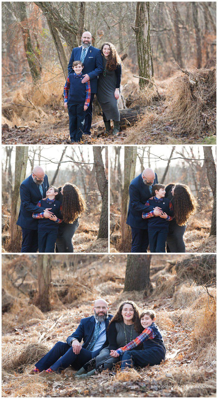 mother, father, son, family winter portraits in woods