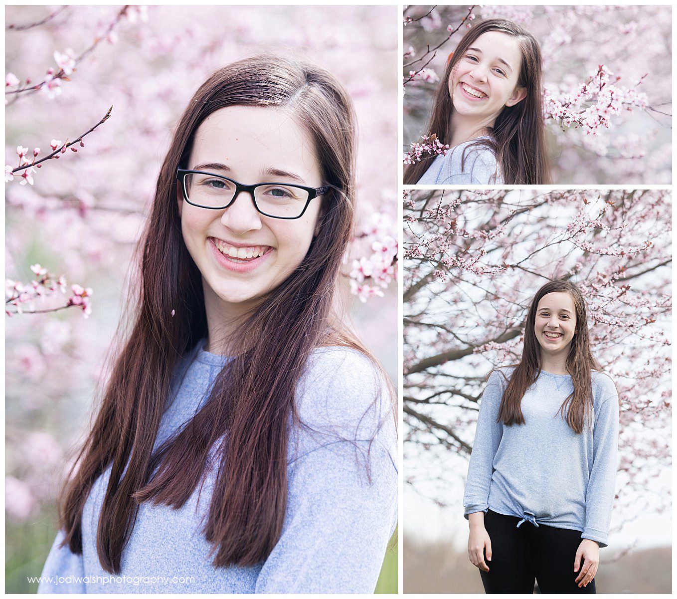 images of a teen girl standing near a tree with light pink blossoms in spring. She has long dark hard and it smiling.