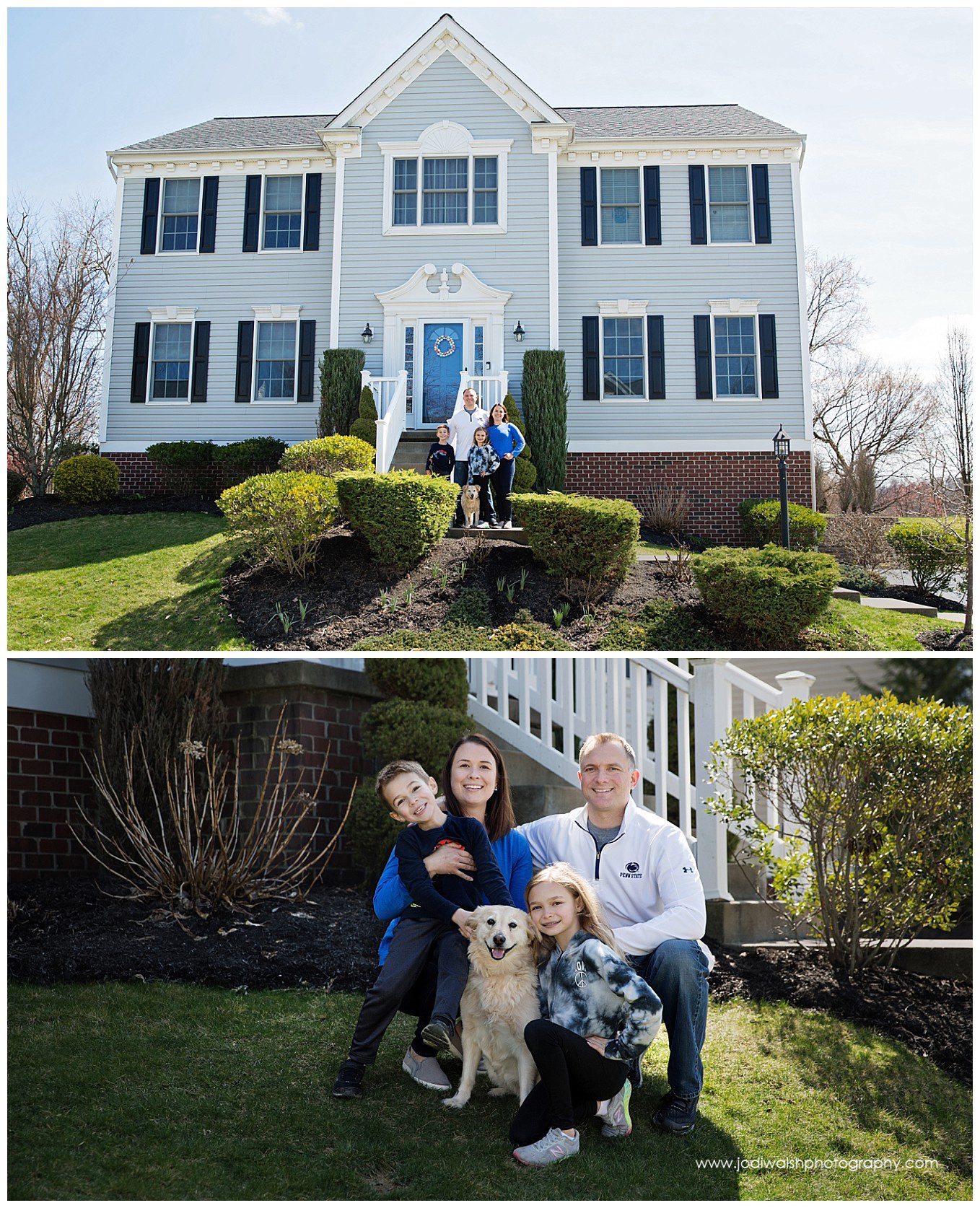 two images of a family posed in front of their homes. Mom has a little boy sitting on her lap. A little girl is sitting next to their dog and seated in front of dad.