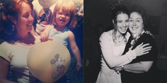 image of two older photos of photographer Jodi Walsh with her mom.  The first image is from the early 80s.  A young mother holds a toddler girl and a Mickey Mouse balloon. The other image is a black and white photo of a mother hugging her daughter as a bride. 