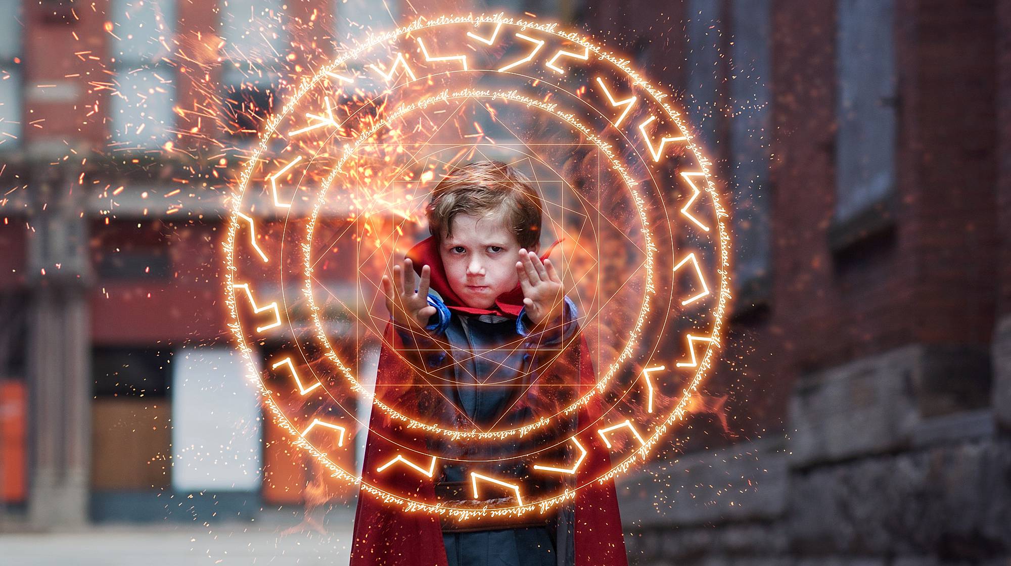 image of a little boy dressed as a comic book character shooting a circle of magic sparks and runes into the air