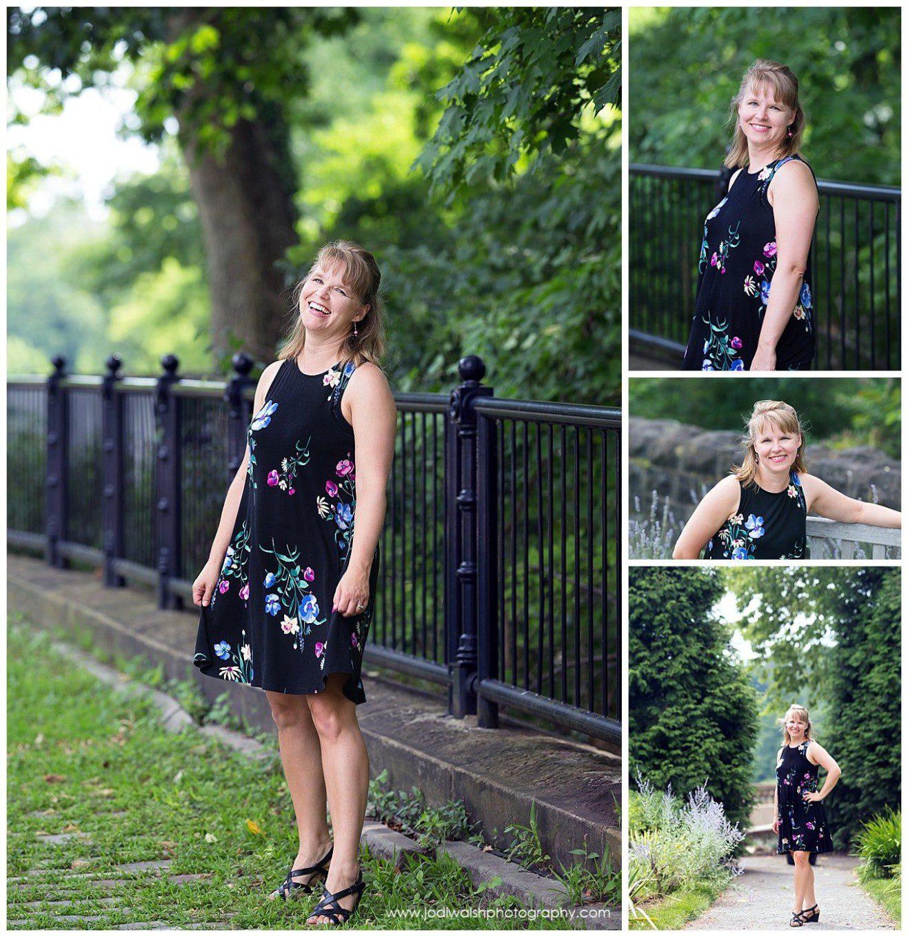 a collage of images of 4 headshots of blonde woman wearing a navy blue flowered dress. She's standing one stone path with a black iron railing. A closeup sitting on a garden bench. Another of her standing on a garden path.
