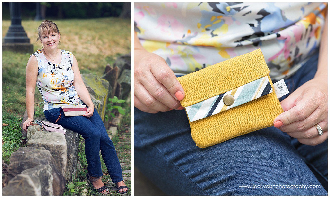 collage of two images of a woman from a headshot and product shot session. the first is a woman sitting on a stone wall, holding a cloth wallet in her lap. the second is a closeup image of a small yellow cloth wallet