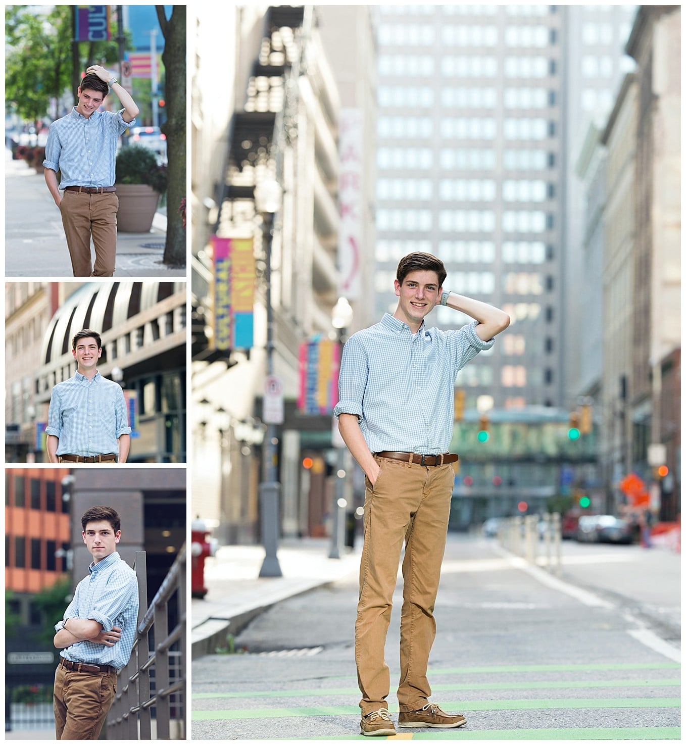 collage of images of a senior guy standing in an empty downtown street with tall buildings in the background