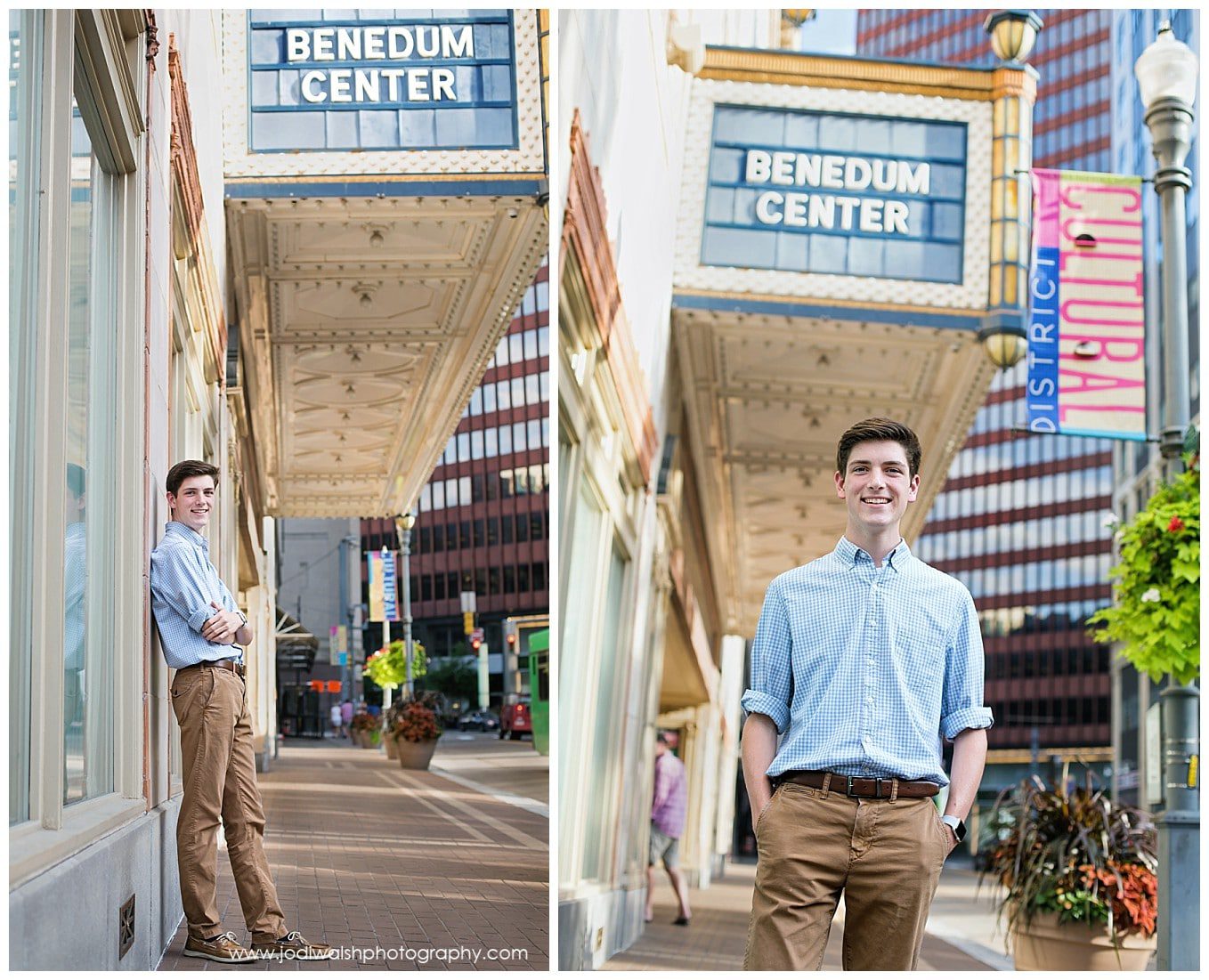 image of a senior guy standing on the sidewalk in front of the Benedum Center