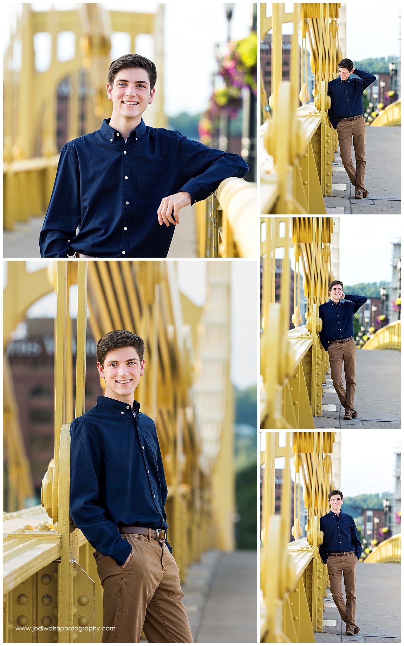 collage of images of a senior guy in a navy blue button down shirt leaning against the railings of a bright yellow bridge, downtown Pittsburgh