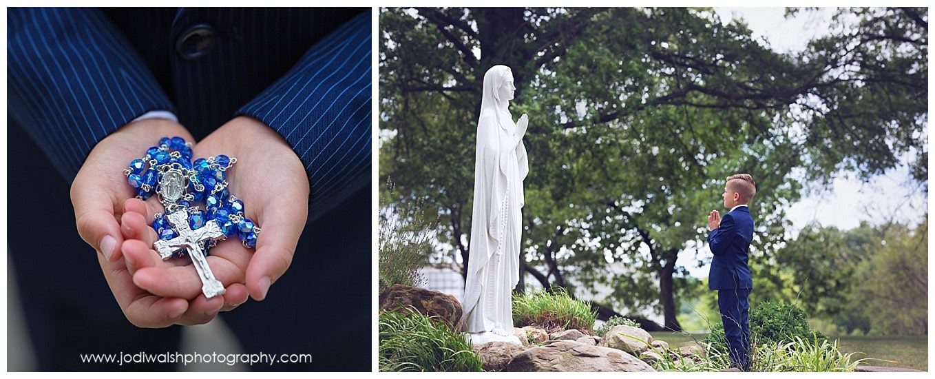 collage of first holy communion images, one image of hands holding a blue rosary, second image of a boy in a suit, praying to statue of Mary