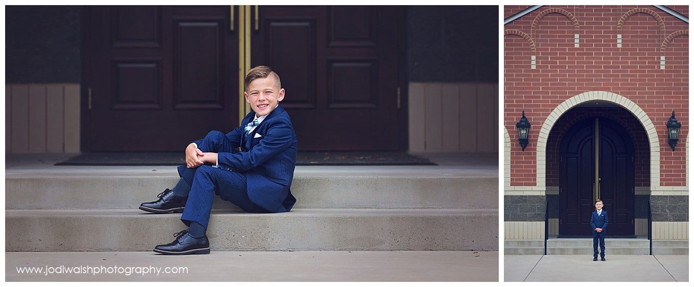 collage of images of a young boy in a blue suit, sitting in front of a brick church