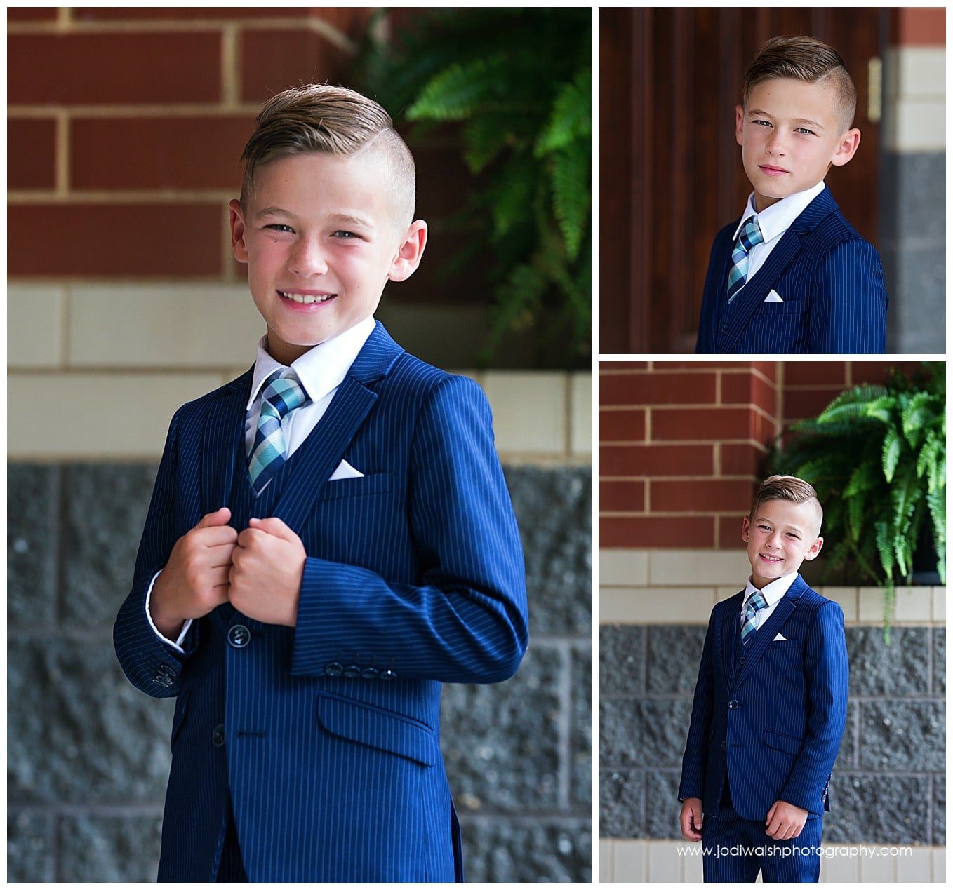 collage of images of a young boy wearing a blue suit for his first holy communion