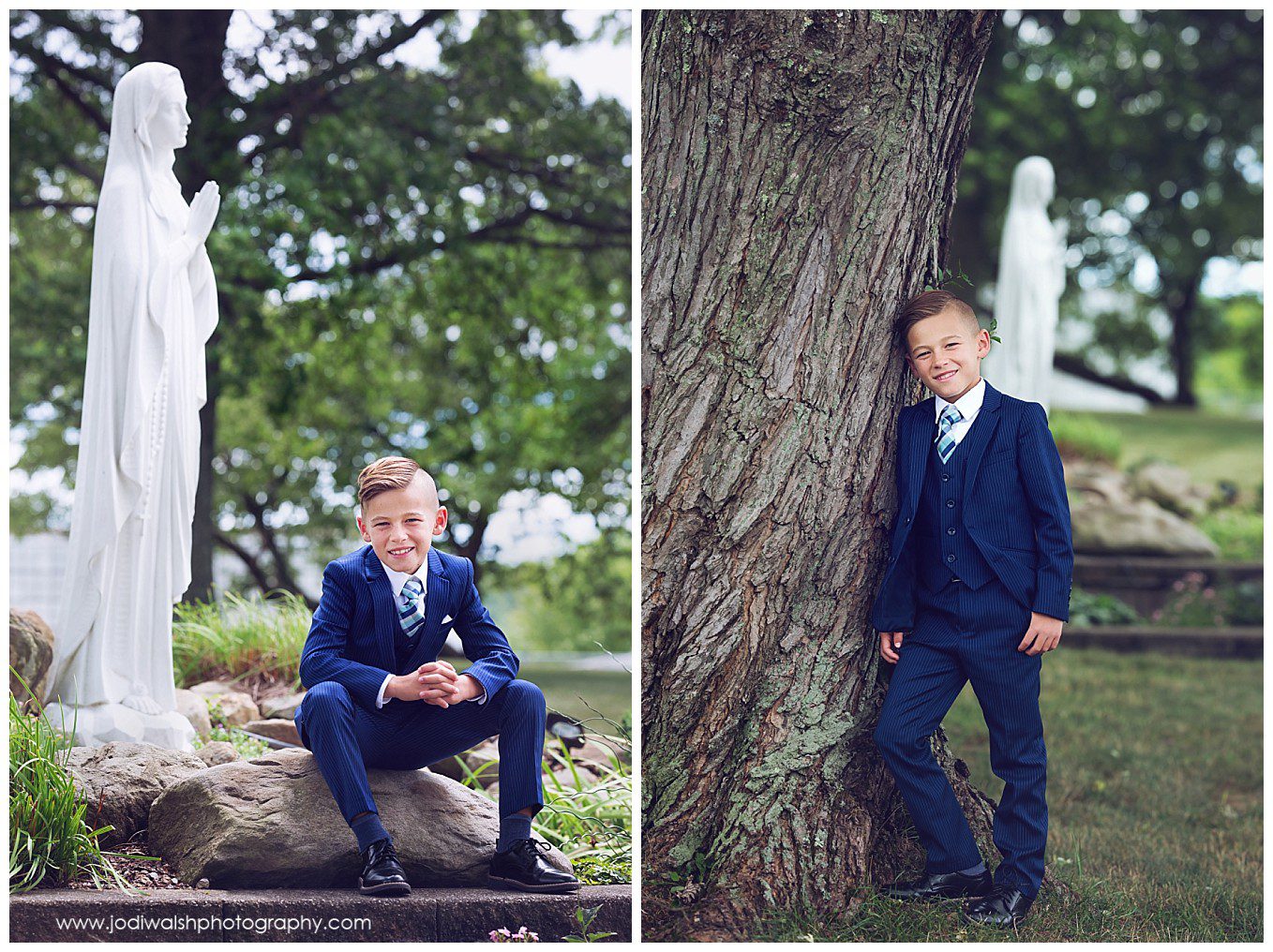 images of a young boy wearing a blue suit for his first holy communion in a garden with a statue of Mary