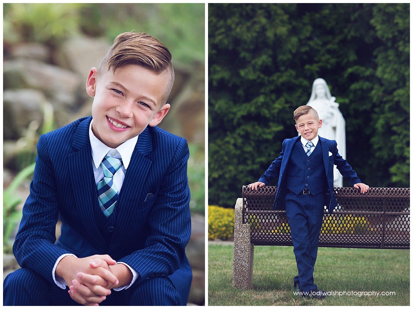 collage of images of young boy wearing a blue suit seated and smiling and standing in front of a white statue in a garden