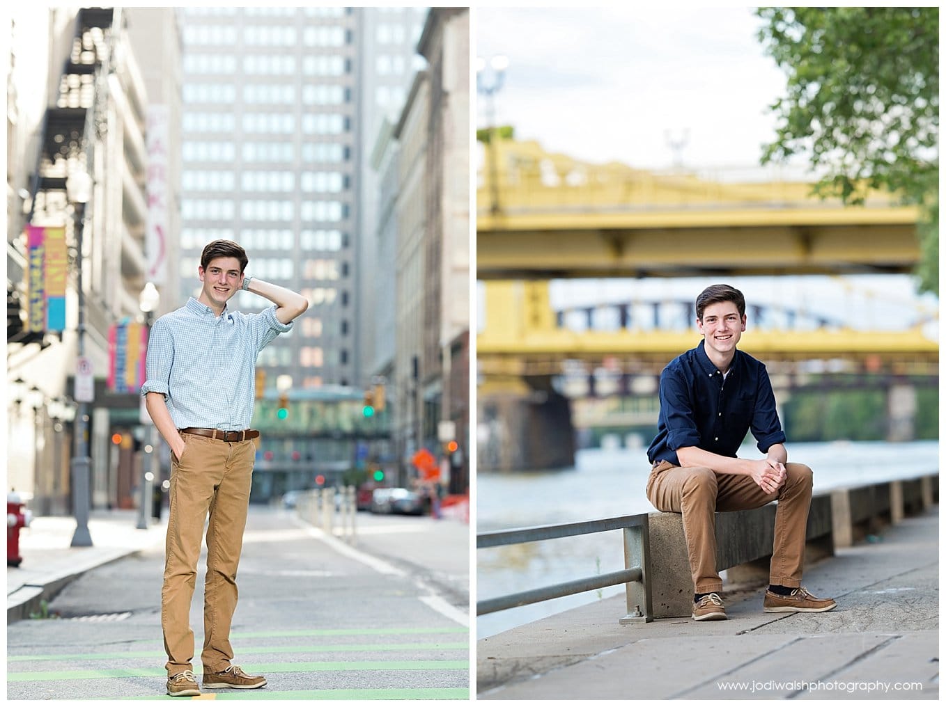 images of senior guy standing on Penn Avenue, Pittsburgh and sitting on the Three Rivers Heritage Trail