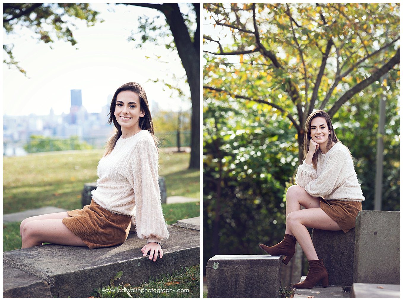 images of senior girl sitting on a stone bench at the West End Overlook