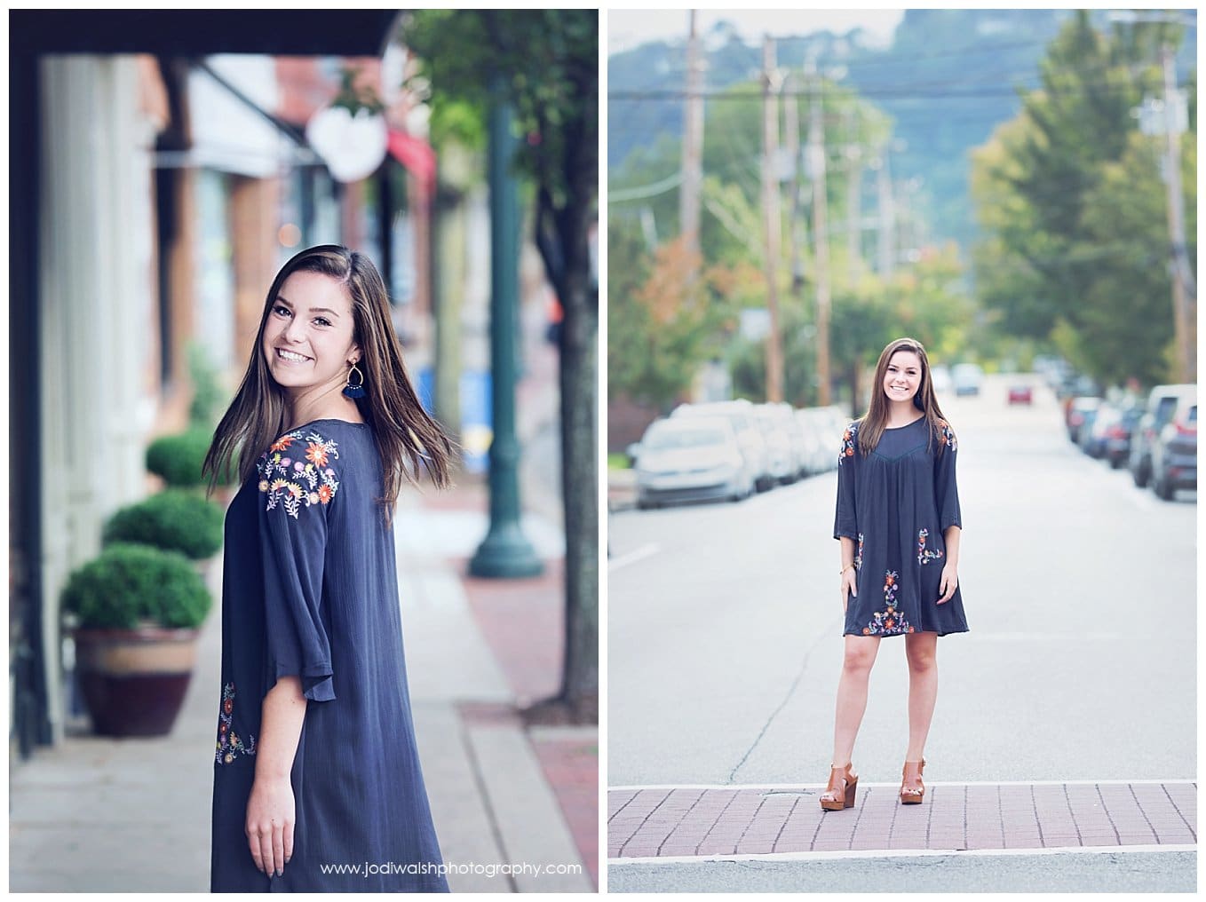 images of senior girl in gray dress on the street and sidewalk of Sewickley, Pennsylvania