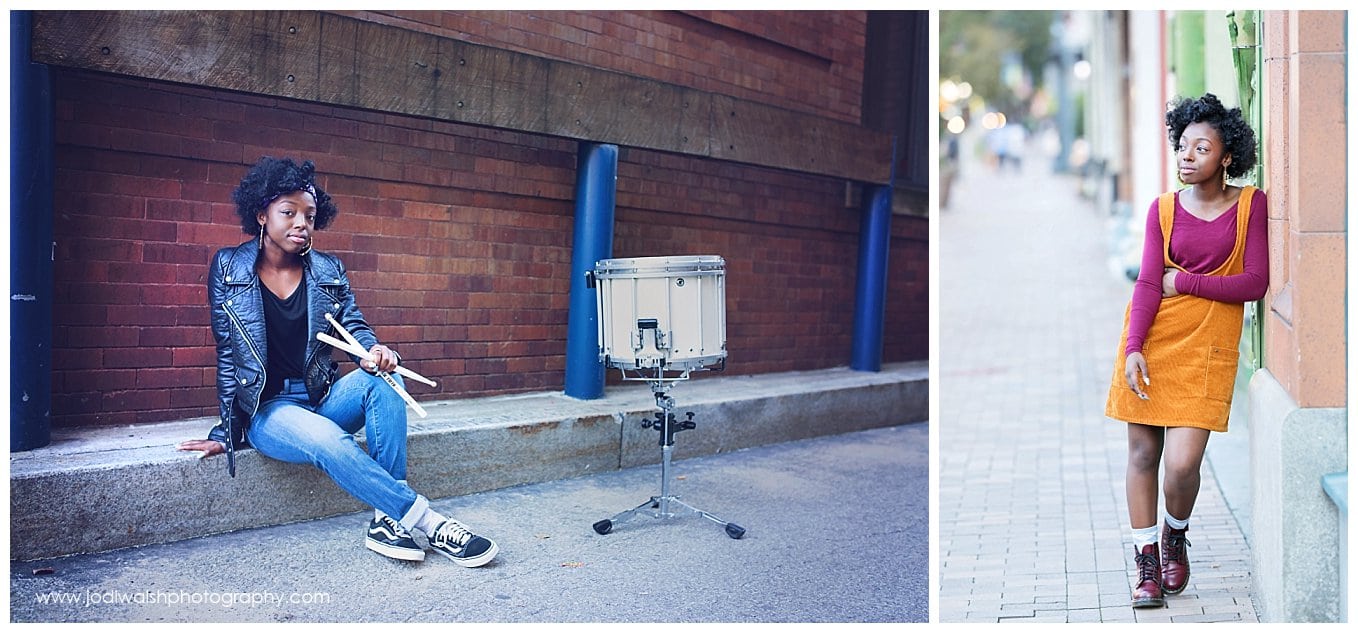 images showing a urban senior portrait locations.  images show senior girl with her snare drum and wearing a jumper and boots in the Cultural District of downtown Pittsburgh