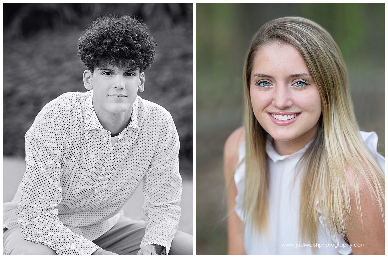 headshot images of seniors.  the first image is a black and white image of a senior guy.  he's wearing a button down shirt and is leaning forward with his elbows on his knees.  the second image is of a senior girl.  she's wearing a white top and has long blonde hair and bright blue eyes.