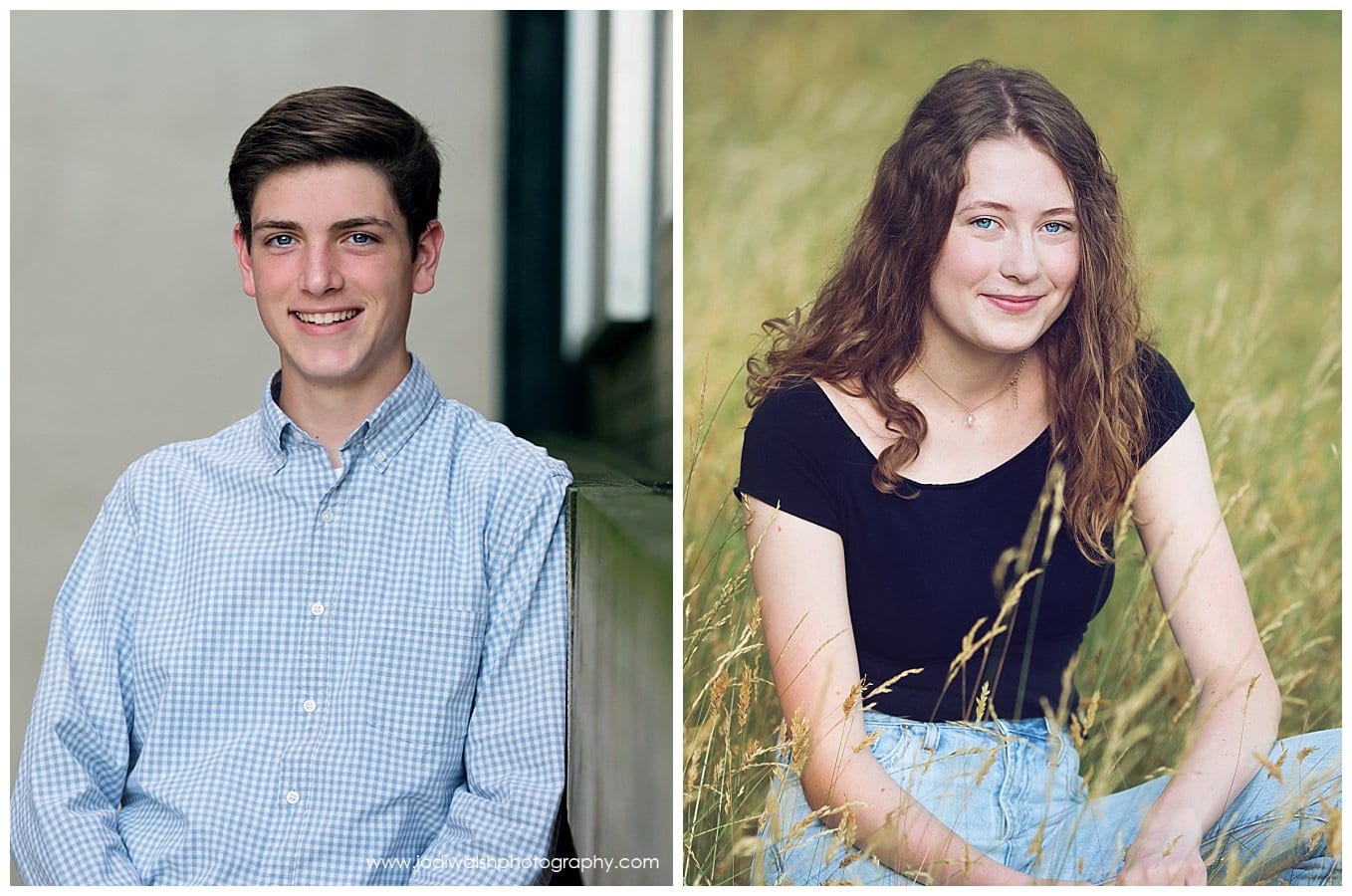 images of two senior portrait headshots.  The first image is of a senior guy, wearing a blue button down dress shirt and leaning against a wall.  the second image is of a senior girl wearing a black t-shirt and bluejeans.  She's sitting in a field of tall grasses.